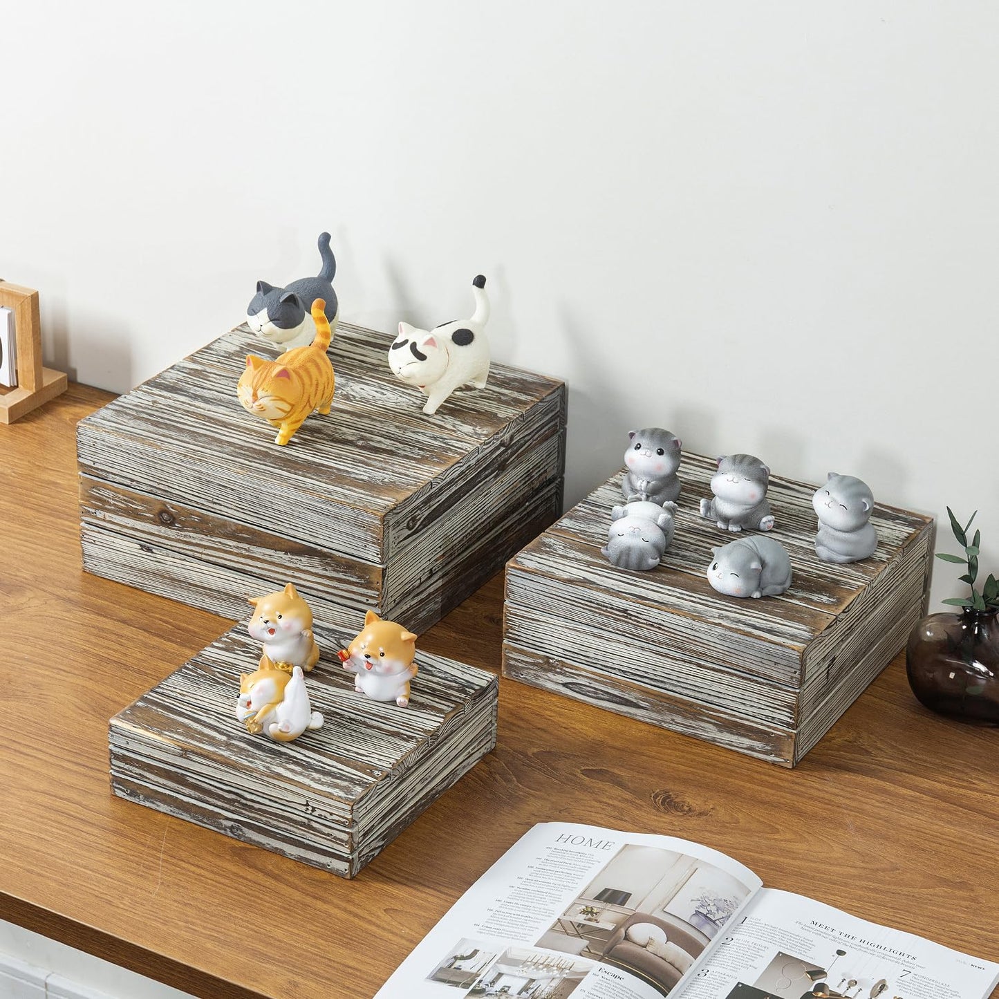 MyGift 3 Piece Rustic Solid Torched Wood Dessert Cake and Cupcake Stand, Decorative Box Display Risers