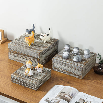 MyGift 3 Piece Rustic Solid Torched Wood Dessert Cake and Cupcake Stand, Decorative Box Display Risers