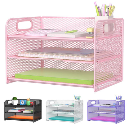 Samstar 3 Tier Pink Letter Tray Paper Organizer with Handle, Mesh Desk Organizer Paper Sorter File Rack Shelves, Pink