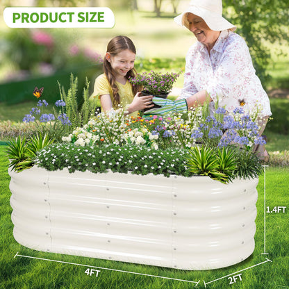 Permade Galvanized Raised Garden Bed - 4x2x1.4FT Metal Planter Boxes Outdoor | Oval Steel Raised Bed Kit for Gardening with Protective Tape, Gloves for Vegetables, Flower, Herb (White)