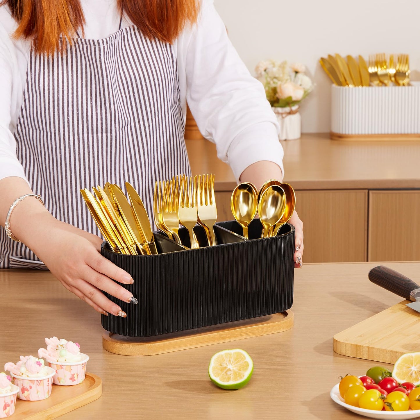 HouseJoy Countertop Silverware Holder, Silverware Caddy Organizer Holder for Forks, Spoons, Knives, Cutlery Caddy with 3 Compartments, Kitchen Utensil Holder for Party, Countertop, Black