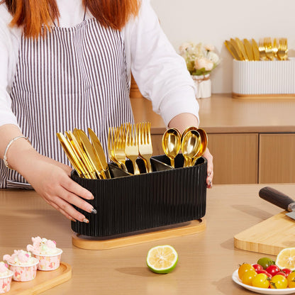 HouseJoy Countertop Silverware Holder, Silverware Caddy Organizer Holder for Forks, Spoons, Knives, Cutlery Caddy with 3 Compartments, Kitchen Utensil Holder for Party, Countertop, Black