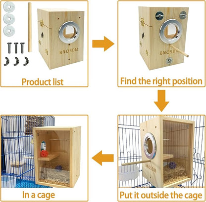 BNOSDM Parakeet Nesting Box Transparent Bird Breeding Nest Boxes Natural Wood Bird Cage House with Coconut Fiber for Small Conure Lovebirds Finch Parrot Canary