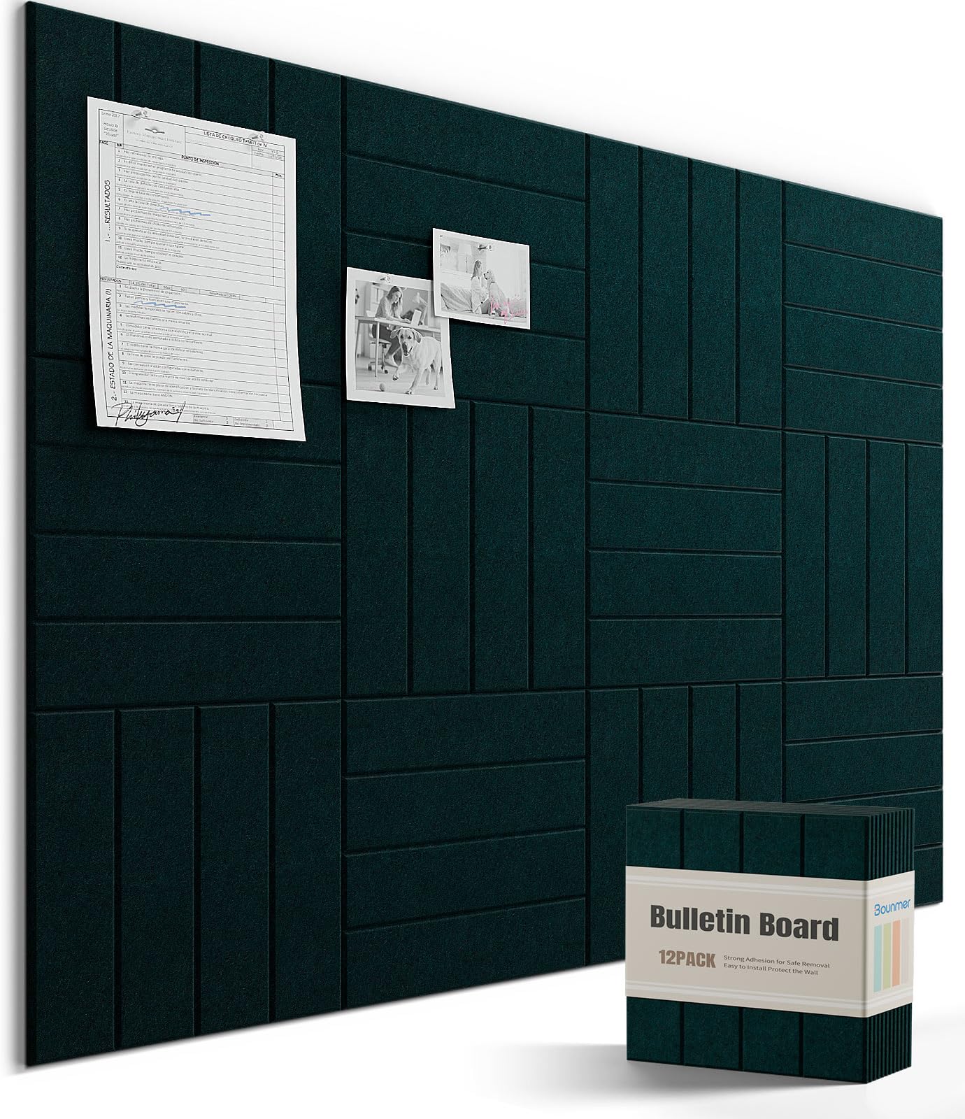 Bounmer Large Cork Board Alternative 48“ x 36”, 12-Pack Felt Bulletin Board Tiles with 60 Safe Removable Adhesive Tabs & 30 Pushpins, Cork Boards for Office Walls Decor (Pine Green)
