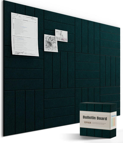 Bounmer Large Cork Board Alternative 48“ x 36”, 12-Pack Felt Bulletin Board Tiles with 60 Safe Removable Adhesive Tabs & 30 Pushpins, Cork Boards for Office Walls Decor (Pine Green)