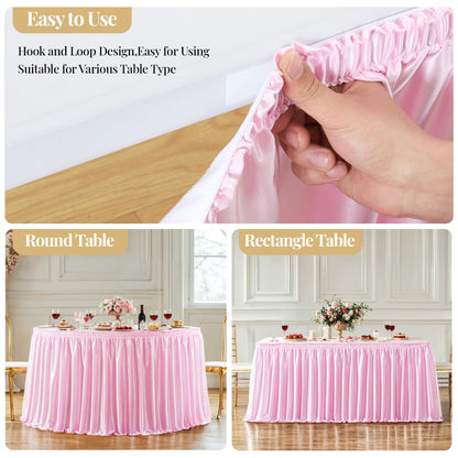 Wish Care 6ft Pink Satin Table Skirt for Rectangle Tables Wrinkle Free Glitter Desk Skirts Pleated Ruffle Table Cloth for Girls Birthday Baby Shower Theme Party Wedding Cake Table Skirting Decorations