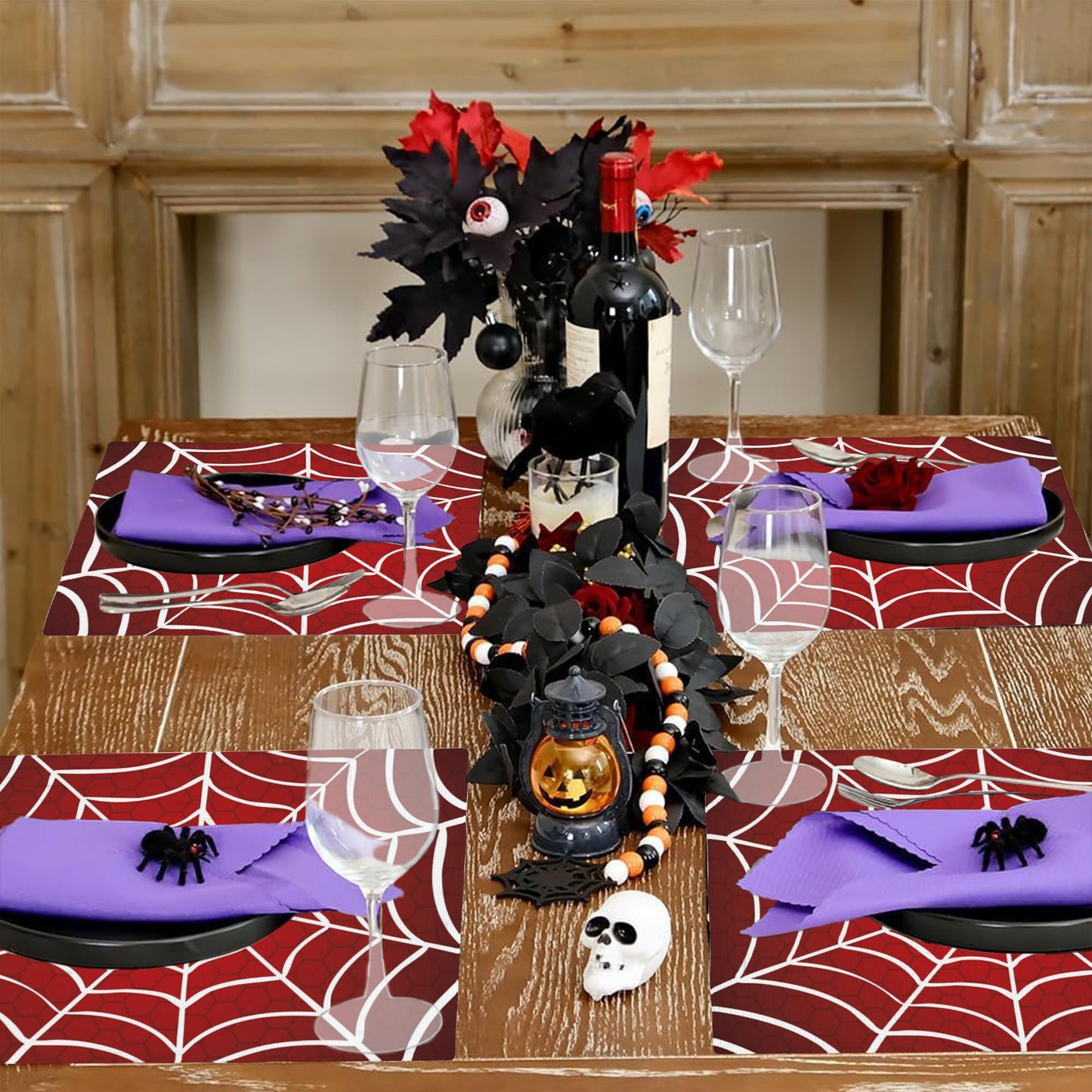 Halloween Red Cobweb Placemats Set of 4, Placemats Dining Table Mat Set,12x18 Washable Stain Resistant Wipeable Cloth Placemat for Kitchen Buffet Parties