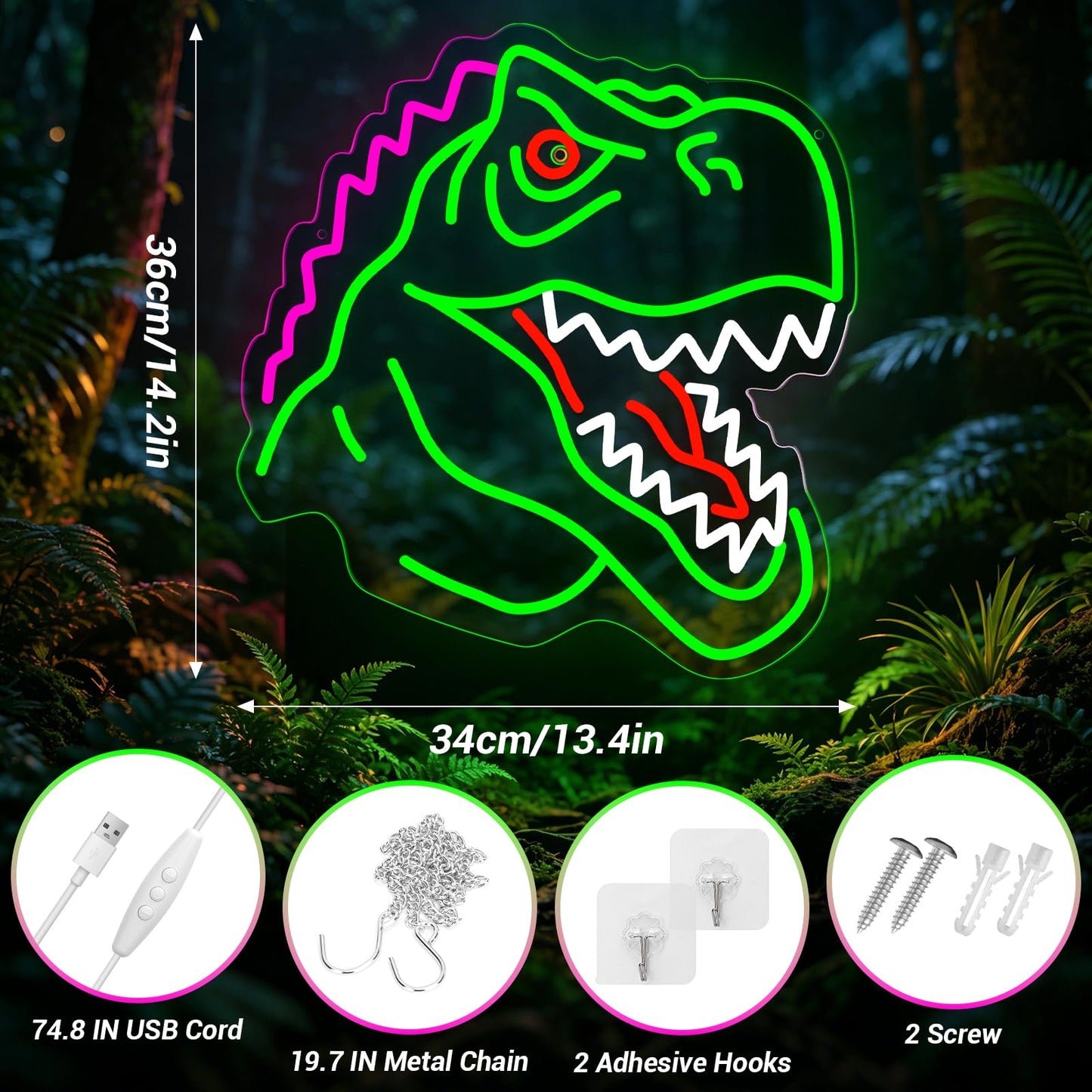 Dinosaur Neon Sign Lights for Wall Decor, T-REX LED Sign for Room and Man Cave Decor, Dimmable Powered LED Signs for Bedroom, Man Cave Party, Birthday Christmas Gift (T-REX Green)