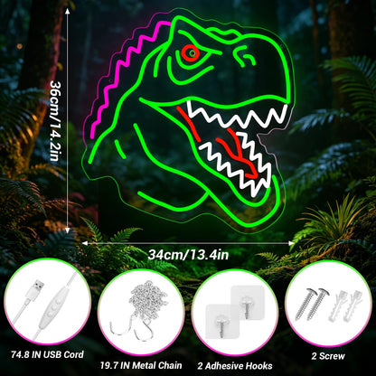 Dinosaur Neon Sign Lights for Wall Decor, T-REX LED Sign for Room and Man Cave Decor, Dimmable Powered LED Signs for Bedroom, Man Cave Party, Birthday Christmas Gift (T-REX Green)