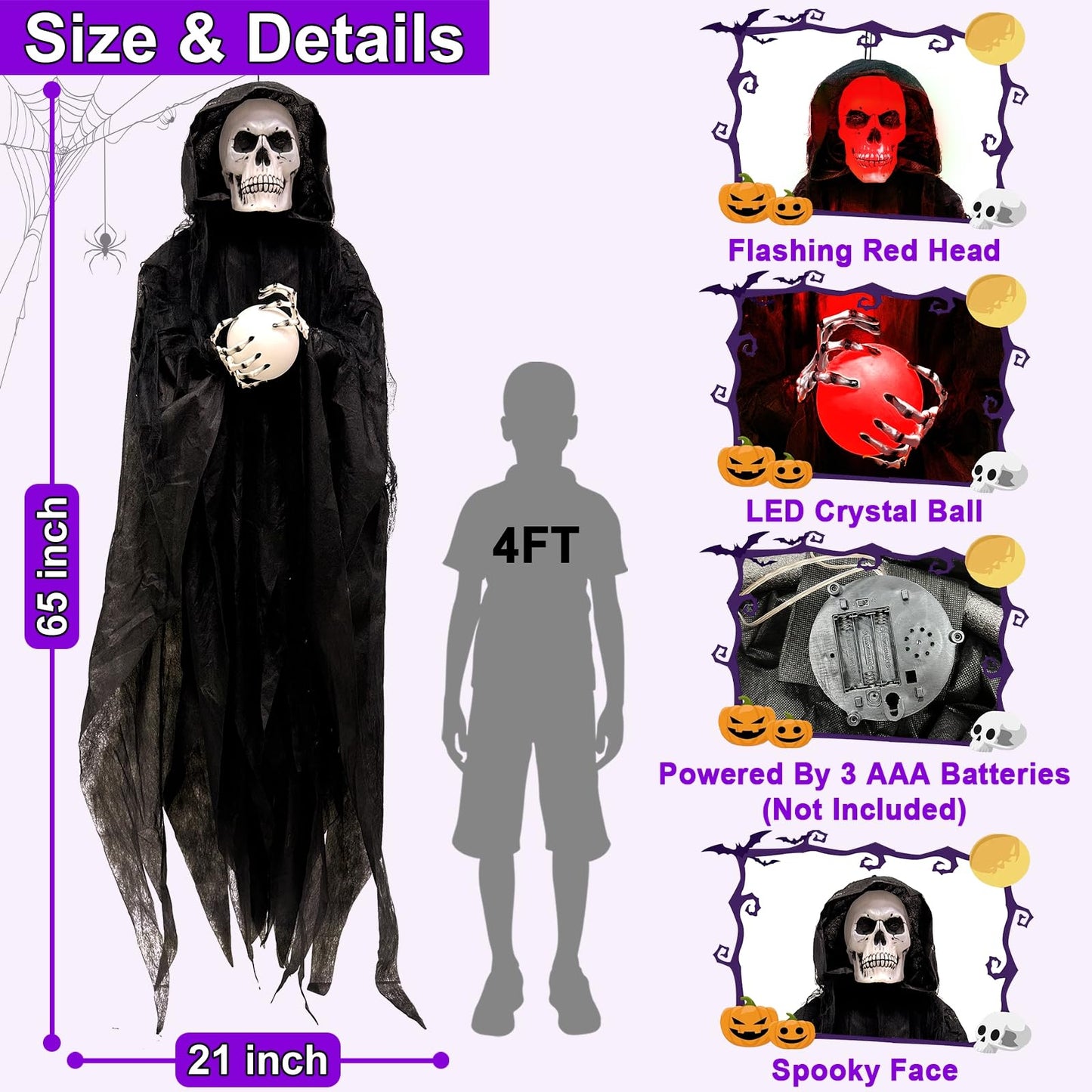 [Sound Activated] 65" Hanging Skeleton Halloween Decorations Outdoor, Halloween Animatronic Grim Reaper Skull Ghost Flash Red Head Holds LED Crystal Ball Creepy Sound for Porch Haunted House Decor
