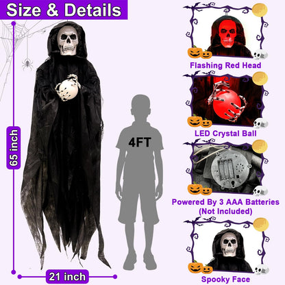 [Sound Activated] 65" Hanging Skeleton Halloween Decorations Outdoor, Halloween Animatronic Grim Reaper Skull Ghost Flash Red Head Holds LED Crystal Ball Creepy Sound for Porch Haunted House Decor