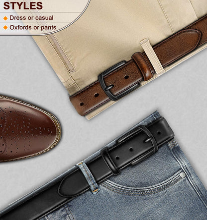 BULLIANT Men Belt 2Pack-Leather Belt 7Holes Comfortable For Men's Dress Casual Jeans 1 3/8"(Black/Deep Brown,32"-34" Waist Adjustable)