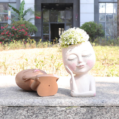 CASANIA Closed Eyes Girl Head Planter Pot with Drainage Hole, Resin Face Planter for Succulents Small Plants, Indoor Outdoor Whimsical Decor for Home Garden Office, Gift for Plant Lovers