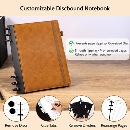 Yoment Refillable Notebooks for Work Discbound: Hardcover Notebook with 5 Subject Removable Dividers Tabs Colleged Ruled Large Journal for Writing Women Men 240 Pages,Brown