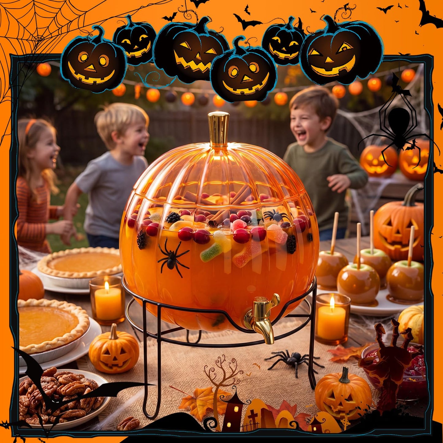 Romooa 1.3 Gallon Halloween Plastic Drink Dispenser with Metal Stand Spigot Pumpkin Shaped Drink Dispenser Beverage Flask with Spigot for Fall Harvest Summer Halloween Autumn Party Supplies(Orange)