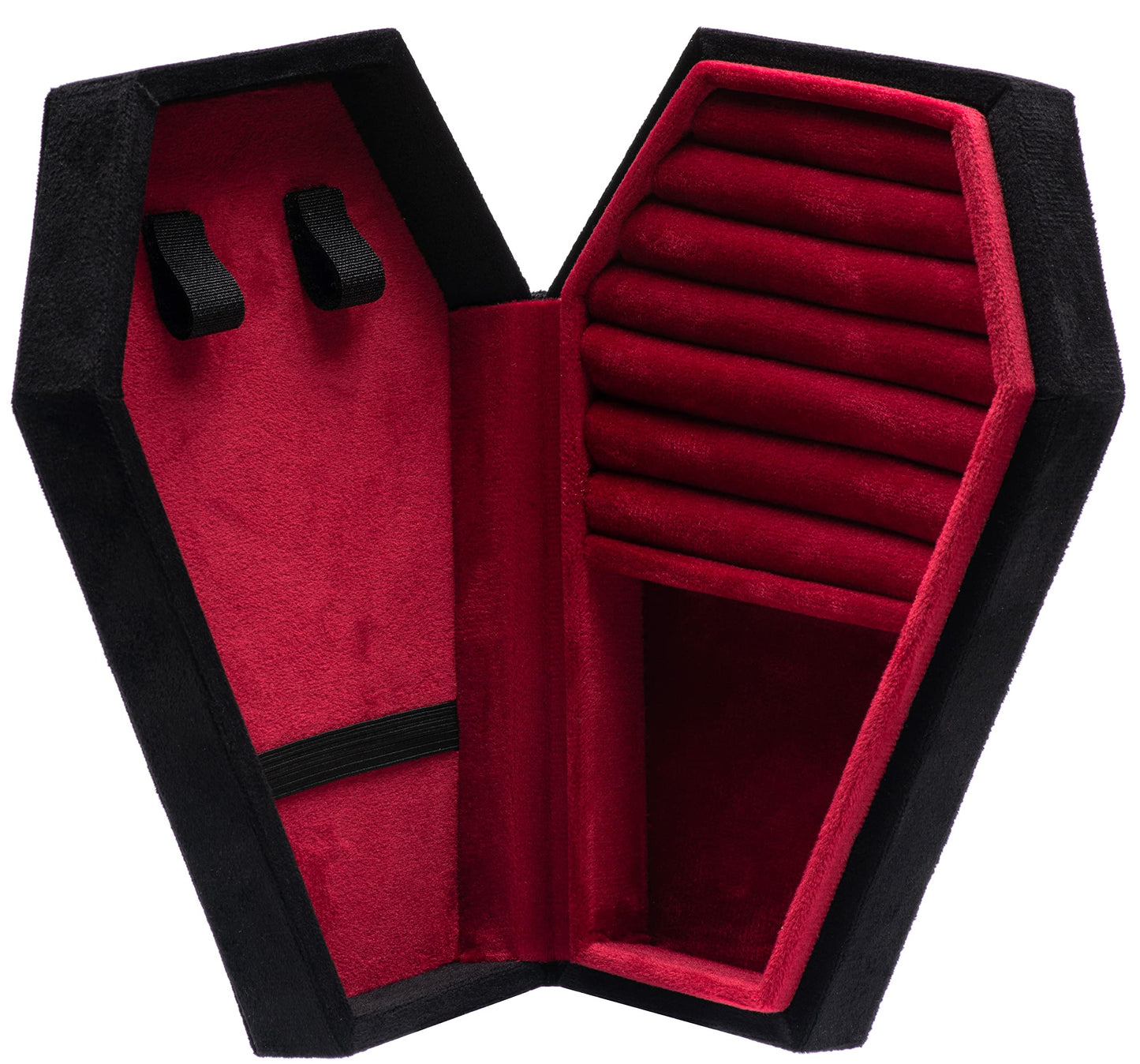Giftop Velvet Coffin Jewelry Travel Case Holder for Gothic Wedding Ceremony Jewelry Organizer Decoration (Black and Red)