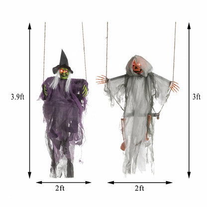 JOYIN 2 Pcs Halloween Hanging Swinging Ghosts Decorations Outdoor, Witch and Pumpkin Face with Lighted Up Eyes, Outside for Yard Patio Lawn Garden Party
