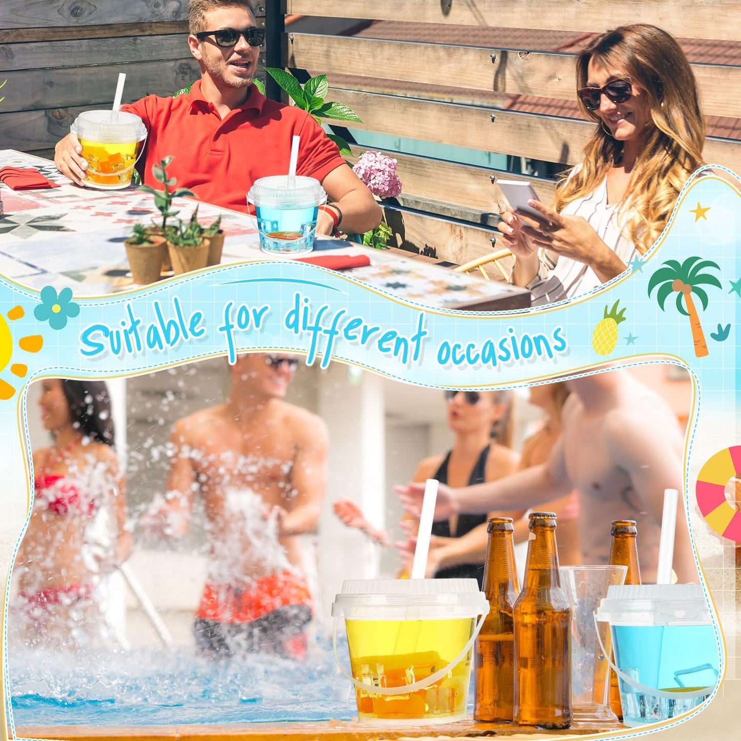 Funnymoom 15 Set 24 oz Clear Drink Buckets with Lids and Straws, Disposable Plastic Rum Cocktail Pails with Handles, Large Smoothie Cups for Adult Bachelorette Party Supplies, Beach & Catering Events