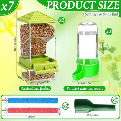 Novabright 7 Pcs No Mess Bird Feeder Water Dispenser Set Include Automatic Parakeet Feeder and Drinker with Bird Paw Grinding Stick Cage Accessories for Small Medium Cockatiel Lovebird(Cute,Green)