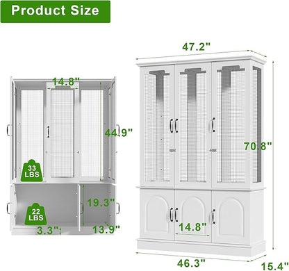 70.8" Tall White Bird Cage with Storage Cabinet, Large Flight Parrot Cage with Lock and 4-Sided Metal Mesh Design, DIY-Friendly, 47.2" Wide Bird Cages for Parakeets, Cockatiels, Finches