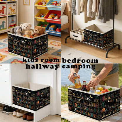LRWHDFW Dark Gothic Book Storage Bins, Dark Academia Witchy Bookshelf Tuxedo Cat Foldable Closet Organizers Storage Basket Toybox for Reading Room Library Bedroom Bathroom Home Clothes Toys Books