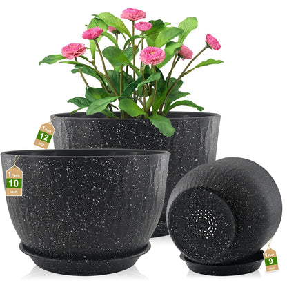 GDJUQZ 12/10/9 inch Plant Pots, 3 Pack Flower Pots for Outdoor Indoor Garden Plants, Large Planters with Multi Mesh Drainage Holes and Saucer (Speckled Black, 12"+10"+9")