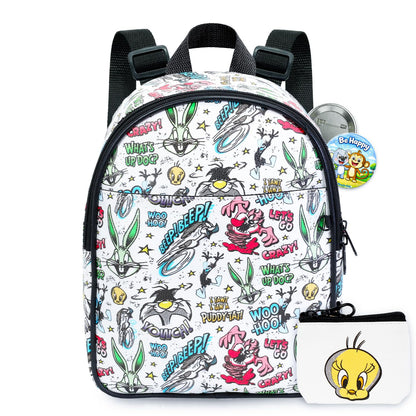 WARNER BROS PICTURES Looney Tunes Mini Backpack for Women - 10” Faux Leather Looney Tunes Backpack with Front Pocket Plus Button, Coin Pouch | Looney Tunes Backpack Purse Bundle
