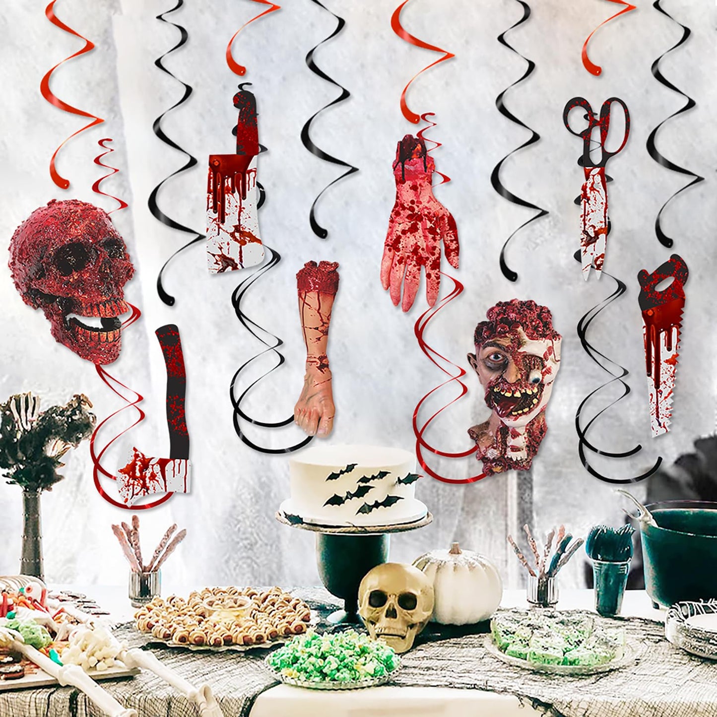 Halloween Bloody-Scary Indoor-Outdoor Party-Decoration Garland - 12pcs Creepy Skulls Zombie Skeleton Haunted House Swirl Streamers Banner,Window Fireplace Classroom Hanging Decor Lasting Surprise