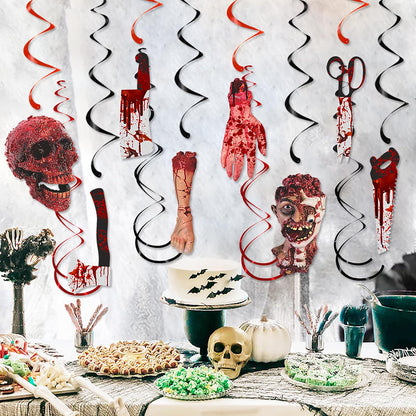 Halloween Bloody-Scary Indoor-Outdoor Party-Decoration Garland - 12pcs Creepy Skulls Zombie Skeleton Haunted House Swirl Streamers Banner,Window Fireplace Classroom Hanging Decor Lasting Surprise
