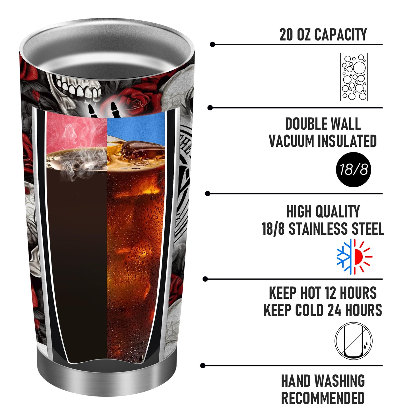 Equoza Skull and Rose 20oz Stainless Steel Tumbler with Lid, Halloween Gothic Finger Skeleton Hand Cup, Double Wall Insulated Travel Coffee Mug, Funny Dark Gift for Men and Women