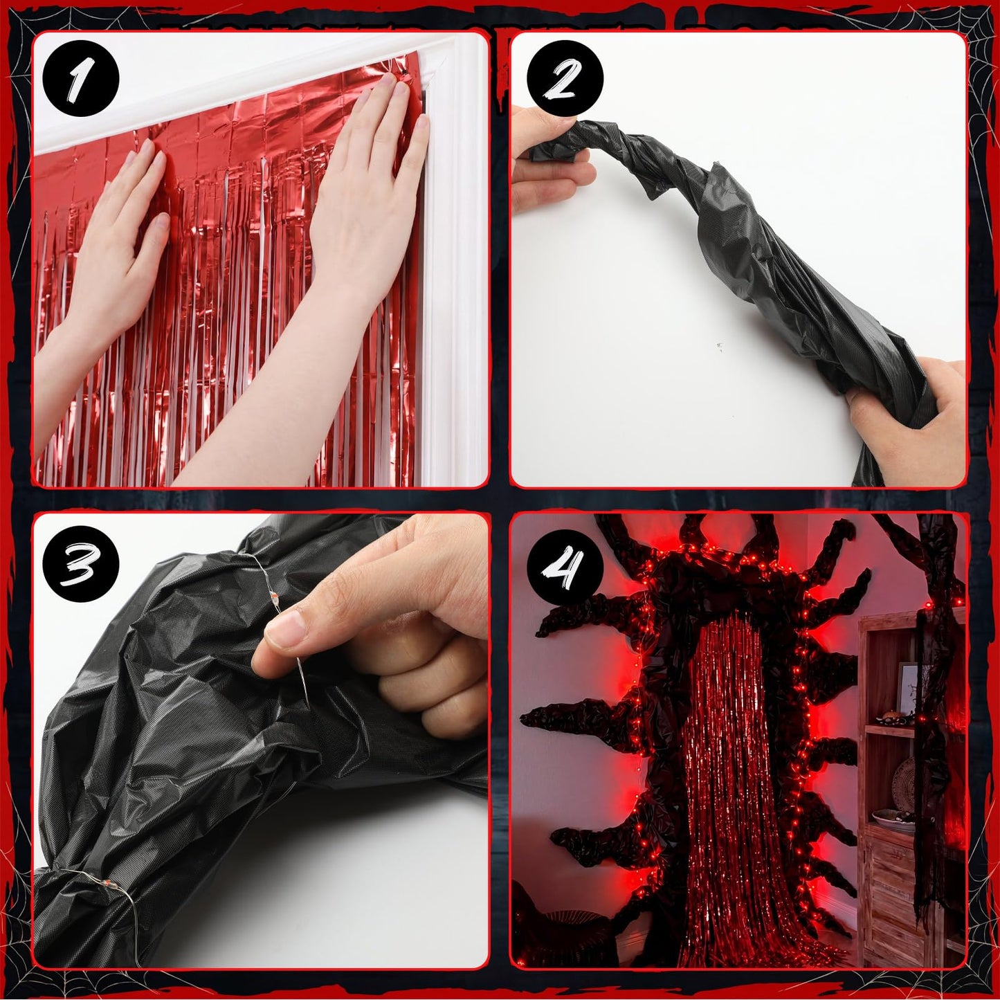 Tingjoo 12 Pcs Weird Themed Door Party Decoration with Spooky Red Black Foil Curtain Tablecloth LED Light Weird Themed Door Decor for Welcome to the Other Side Backdrop Photo Prop Birthday Halloween