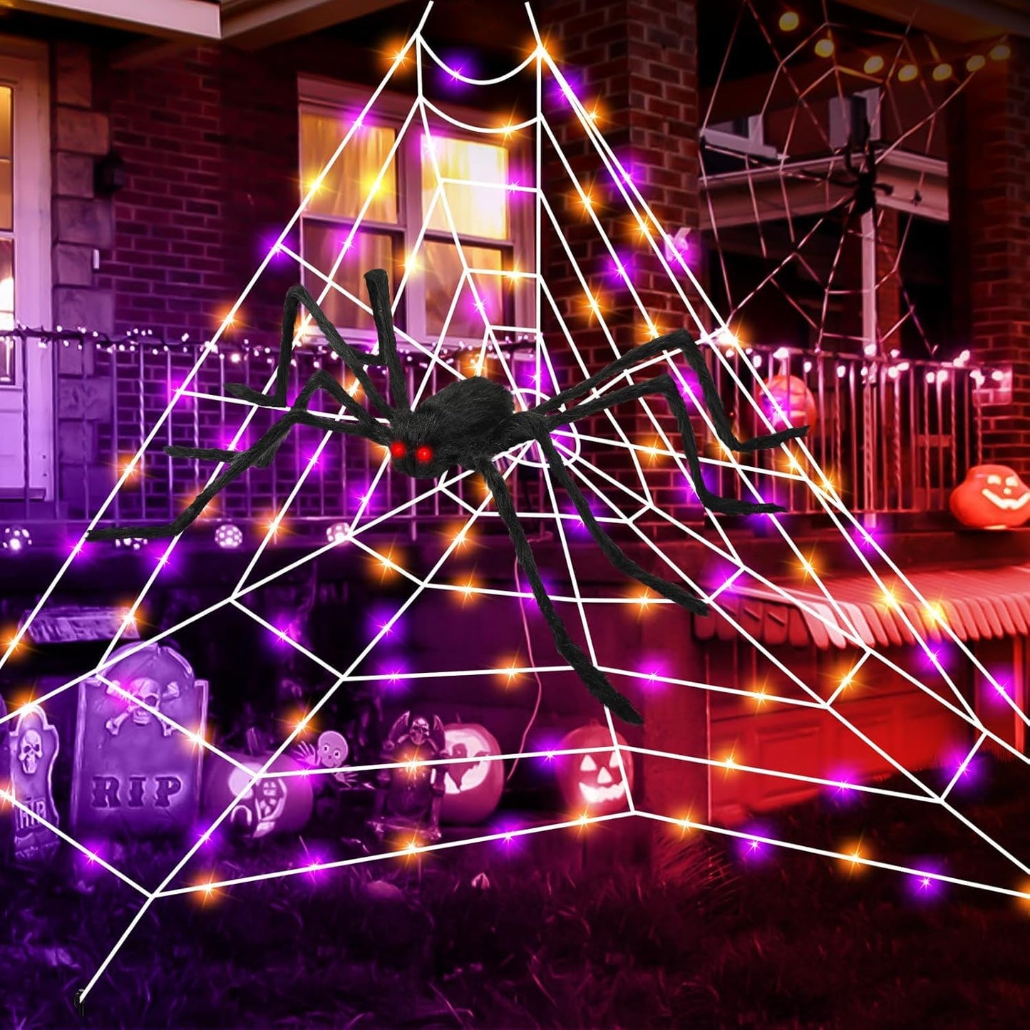 Halloween Giant Spider Web Lights, Spider Web Decoration with 50" Plush Spider & Stretch Cobweb, Powered by Adapter Plug, Remote Control 8 Lighting Modes, Perfect for Scary Halloween Yard Decorations