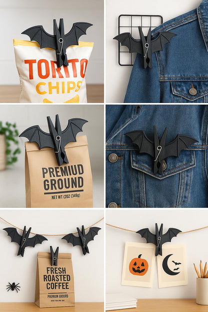 Large Bat Clothespins 10Pcs - Gothic Home Decor & Heavy Duty Windproof Clothes Pins - Matte Black Hanging Clothesline Clips for Photo Display & Towel Holders - Unique Halloween Decoration (5.5" Size)