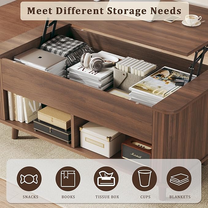 Lift Top Coffee Table with Storage, 41" Mid Century Modern Coffee Table with Fluted & Curved Profile Design, Hidden Storage Compartment, Lower Shelf Center Table for Living Room Office, Walnut