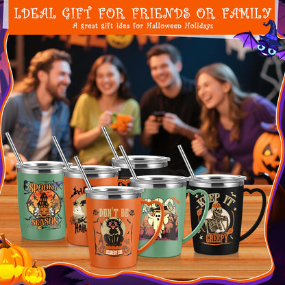 Kritkin 6 Pcs Halloween Coffee Mugs Cups 16 oz Halloween Stainless Steel Insulated Tumblers Bulk with Handle Lid Straw Brushes Spooky Ghost Face Monster Black Cat Mugs Trick or Treat Gifts