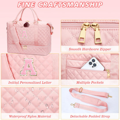 CLOUDWINGS Graduation Gift for Her Women Gift-Birthday Gifts Initial Travel Duffle Bag Quilted Weekender Carry-On Overnight with Cosmetic Bag, Gym Bag with Shoe Compartment Personalized Bag, Pink A