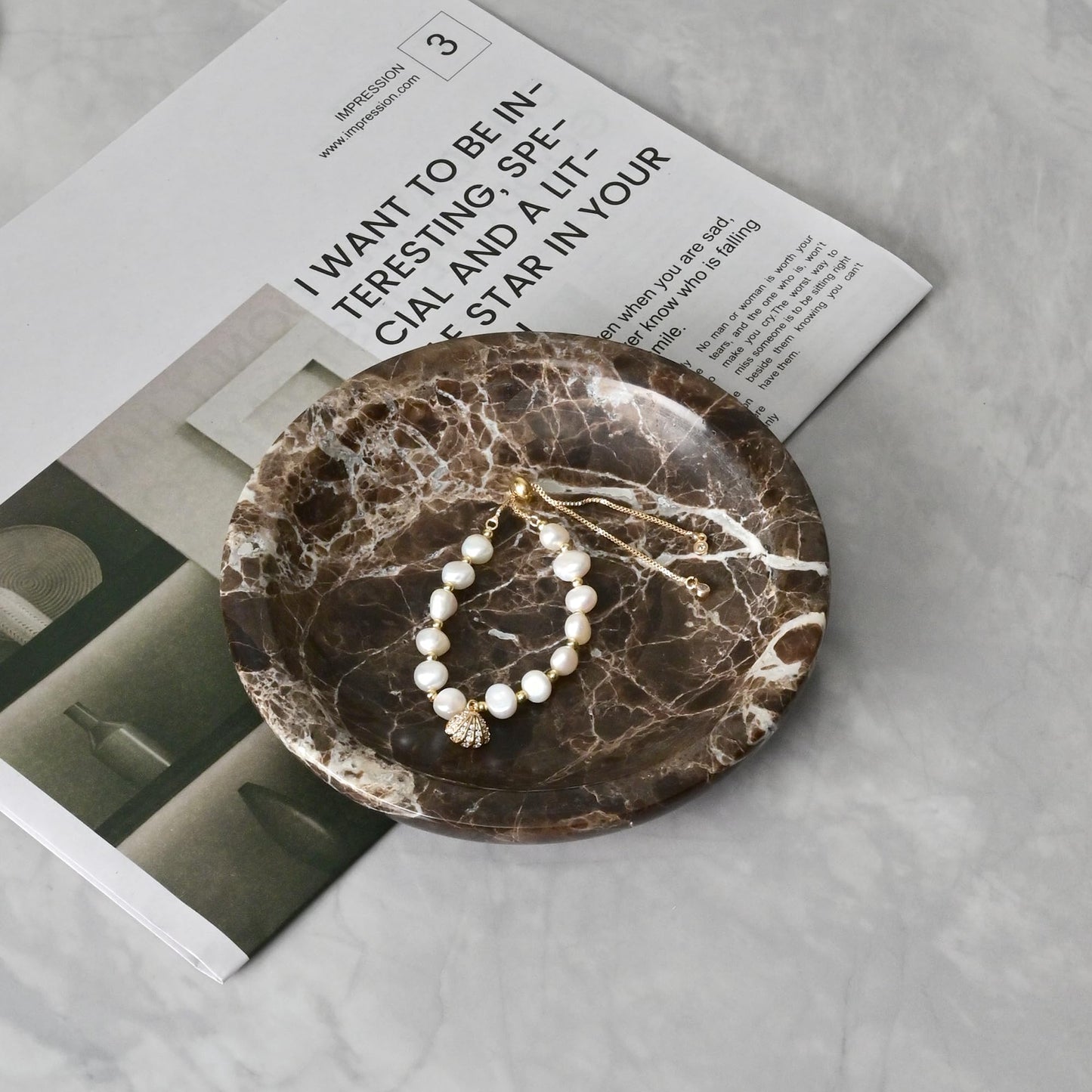 ZSHAWN Natural Marble Ring Dish Jewelry Tray – 5.5" Trinket Dish for Rings Earrings Necklace, Scratch-Resistant Vanity Organizer, Elegant Gift for Women (Emperador Dark)
