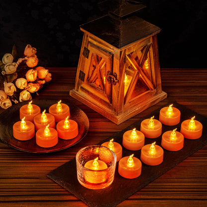 Windshell 24 Pack Orange Flickering Flame LED Tea Lights (No Remote and Timer), Battery Operated Flameless Tealight Candles for Halloween Thanksgiving Party