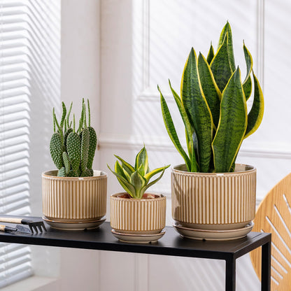 SURE YUESI Beige Ceramic Plant Pots Set of 3 (4.3”+5.5”+6.7”), Striped Planters with Drainage Hole, Saucer & Mesh Pads, Decorative Pots for Indoor & Outdoor Plants