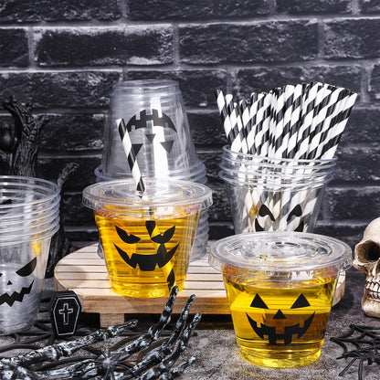 Whaline 60 Pcs 9 Oz Halloween Disposable Plastic Cups with Lids and Straws Black Evil Pumpkin Face Cold Beverage Drinking Cup for Trick or Treat Birthday Party Supplies