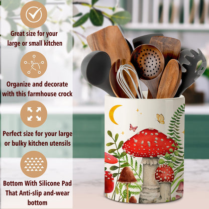 pinata Mushroom Kitchen Decor Ceramic Utensil Holder, Cute Mushroom Utensils Holder for Farmhouse Indoor Kitchen Decorations Rustic Farmhouse Decor (6.3 inch)