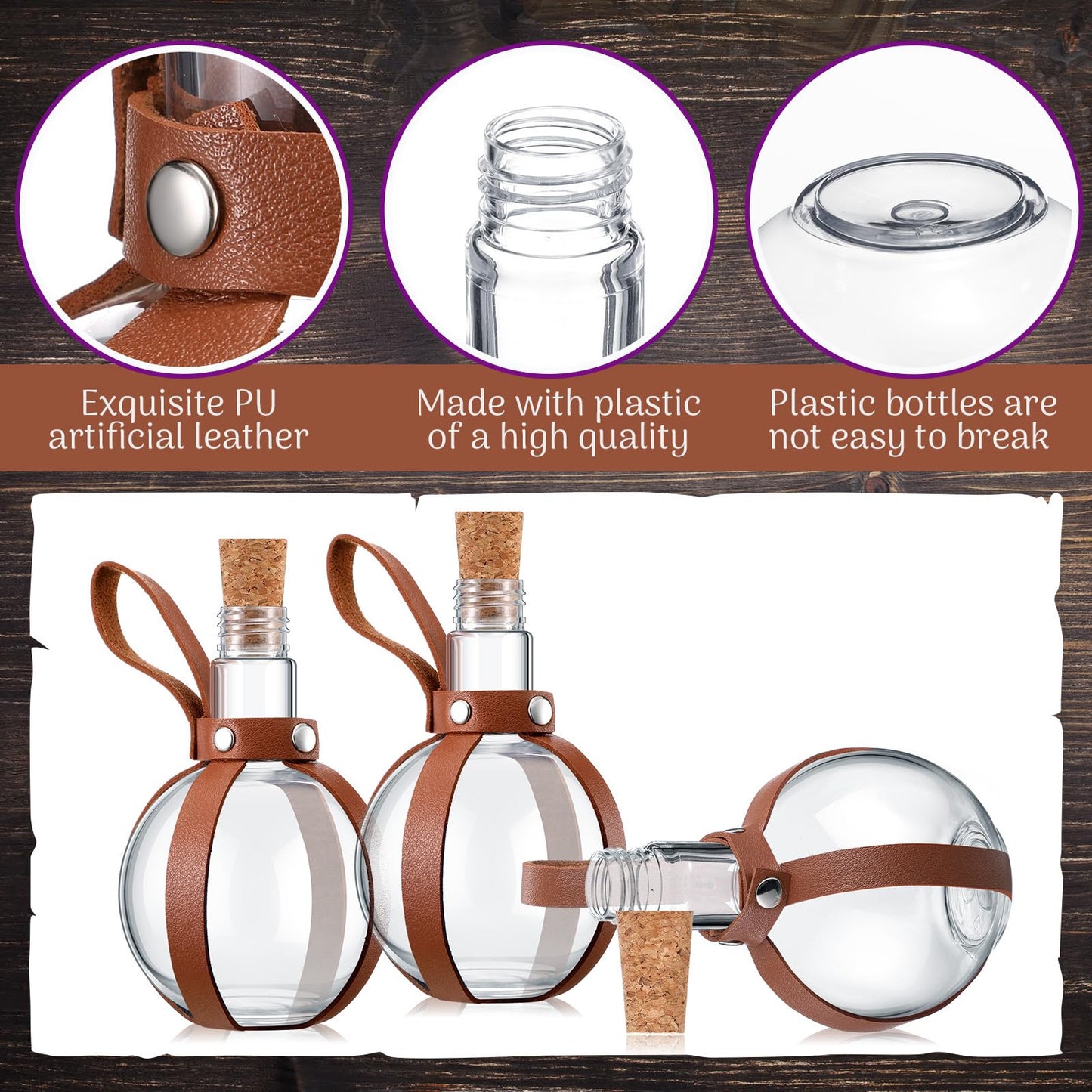 Baderke 3 Set 8 oz Plastic Potion Bottle with Cork Stopper Cosplay Accessories with Leather Belt Witch Cosplay Props Decorative Round Spherical Bottles for Halloween Party Decorations (Coffee)