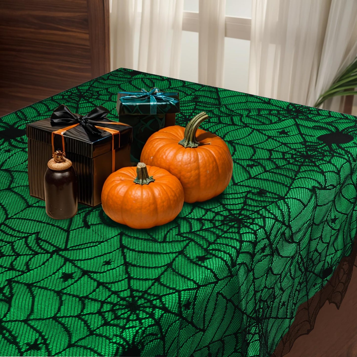 DEYIXUN 2Pcs Halloween Tablecloths, Black Lace & Green Lined Rectangular Table Cloth, Spider Web Table Cover for Scary Halloween Table Decorations Indoor, 54 x 72 Inch