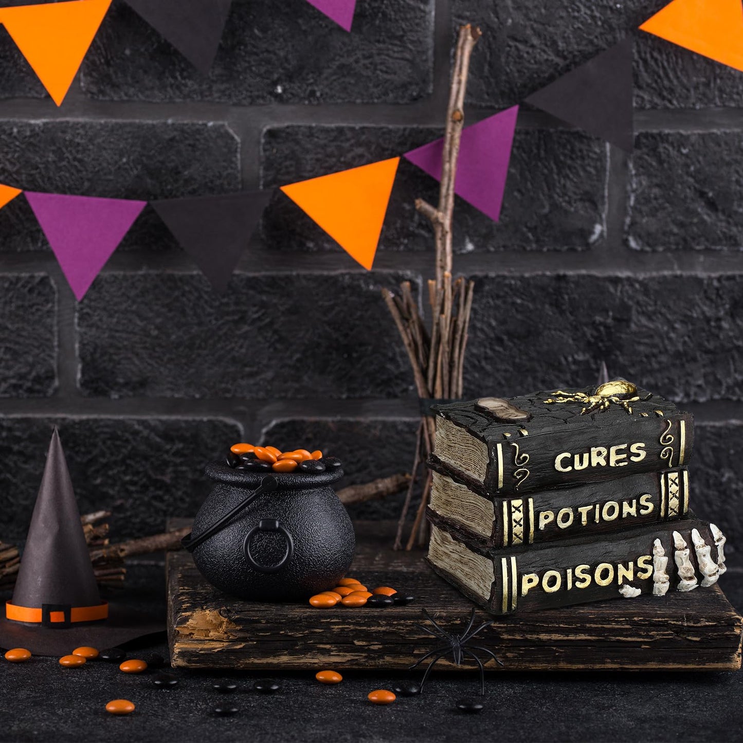 Namalu Witch and Wizard Spellbook Tabletop Decoration, Halloween Resin Witch and Wizard Spellbook Table Decorations, Halloween Resin Book Stack Decor for Home Table Mantel Fireplace (Classic Style)