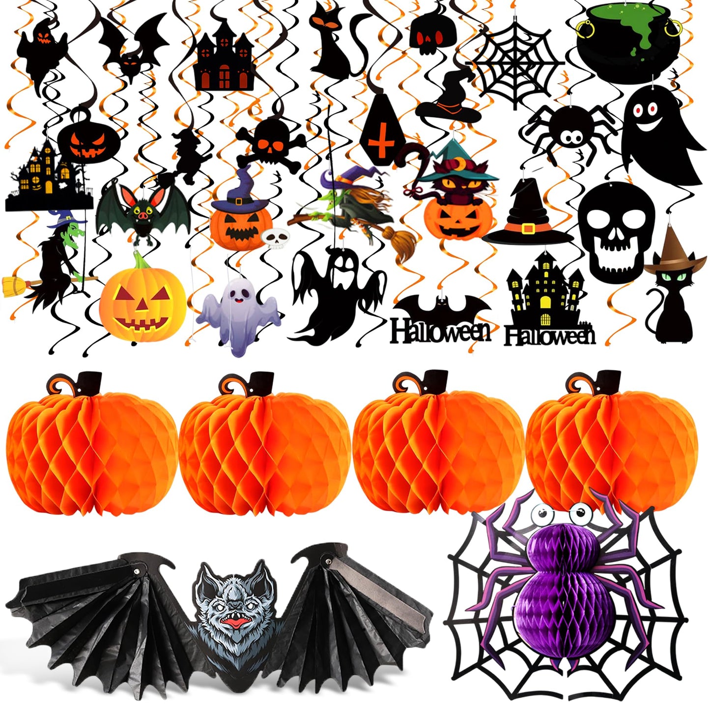 Halloween Swirls and Honeycombs - Pack of 61 | Halloween Centerpieces for Tables, Hanging Decorations, Hanging bat