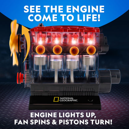 National Geographic 4-Cylinder Engine Building Kit – 175+ Piece Working Model with Moving Parts, Clear Visible Engine Model, STEM Building Toy with Tools & Learning Guide for Kids