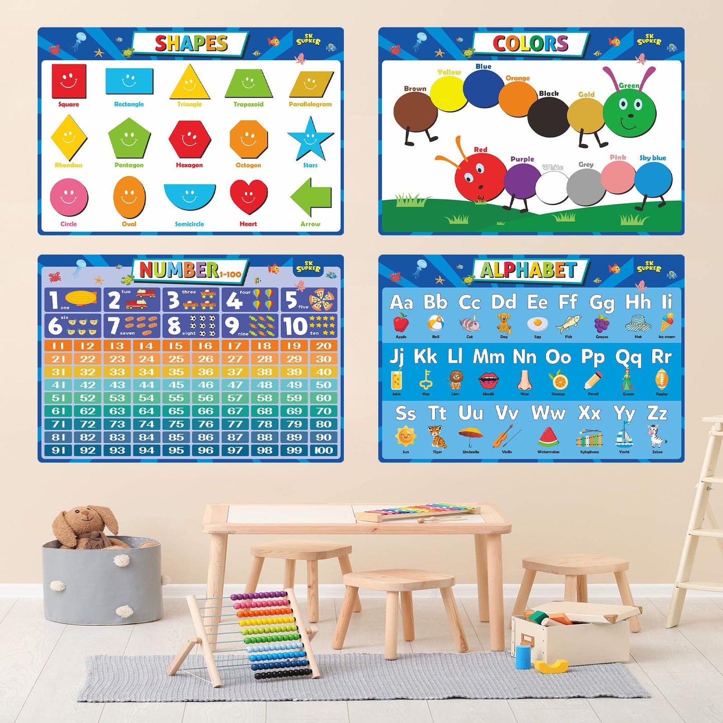 SK SUPKER 4Pack ABC Alphabet Chart + Numbers 1-100 + Shapes + Colors Poster Set, Alphabet Learning Posters-Classroom Wall Decor Art (17 x 11inch)