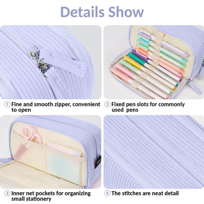 Sooez Big Capacity Pencil Case Pen Pouch, Soft Corduroy Pencil Bag with 3 Compartment, Multiple Pockets, Sturdy Zipper, Cute School Supplies Pen Bag Organizer For Teen Girls College, Blue