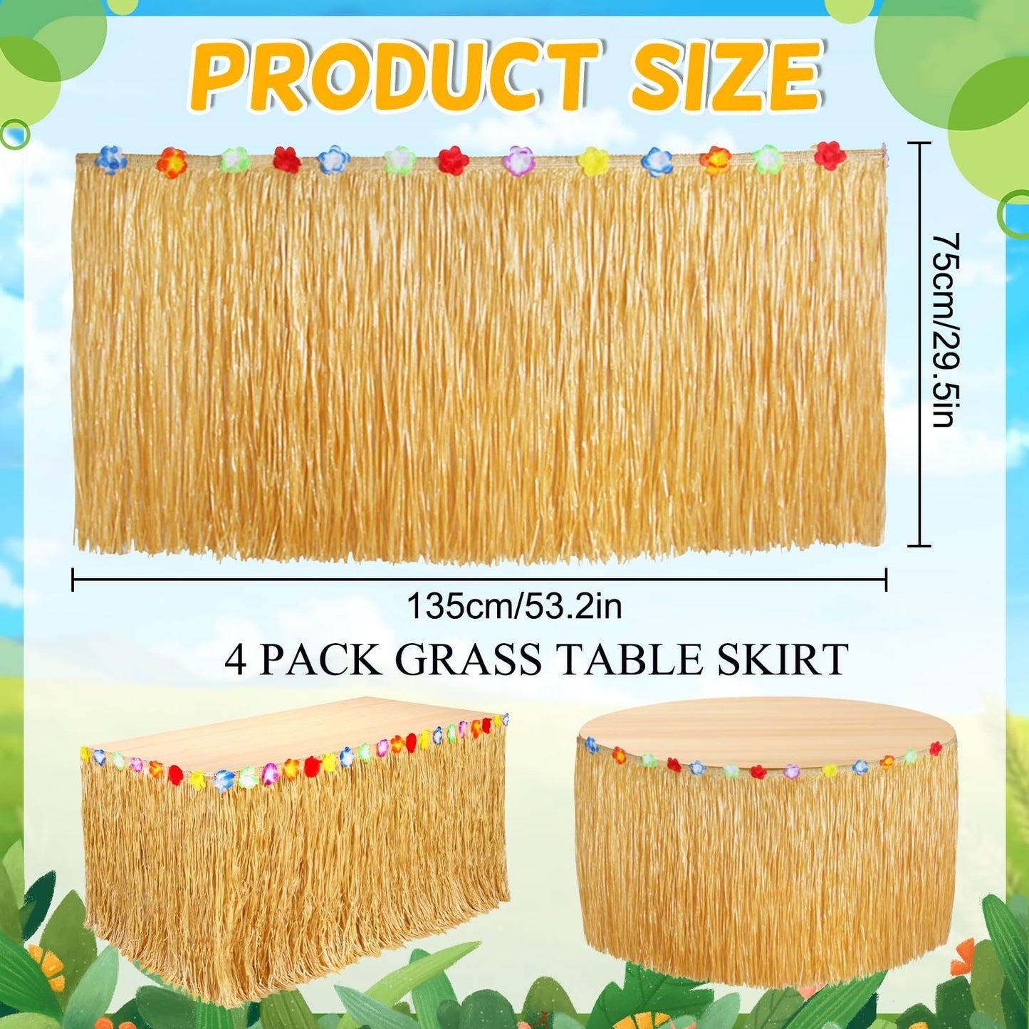 4 Pack Table Skirt Luau Party Decorations, Flower 53.2" X 29.5" Grass Table Skirts for Luau Party Summer Tropical Hawaiian Party Decorations (B-4 Pack)