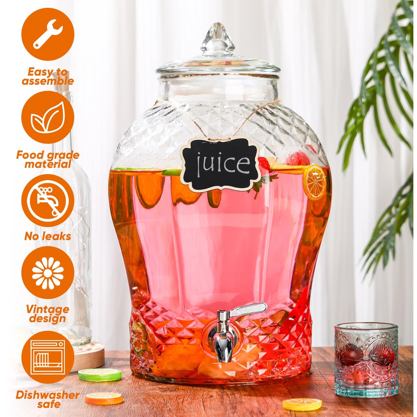 Baderke 4 Gallon Glass Drink Dispenser for Parties Beverage Dispensers Glass Water Dispenser with18/8 Stainless Steel Leakproof Spigot Hanging Chalkboard Signs Pen for Party Wedding (Novel Style)